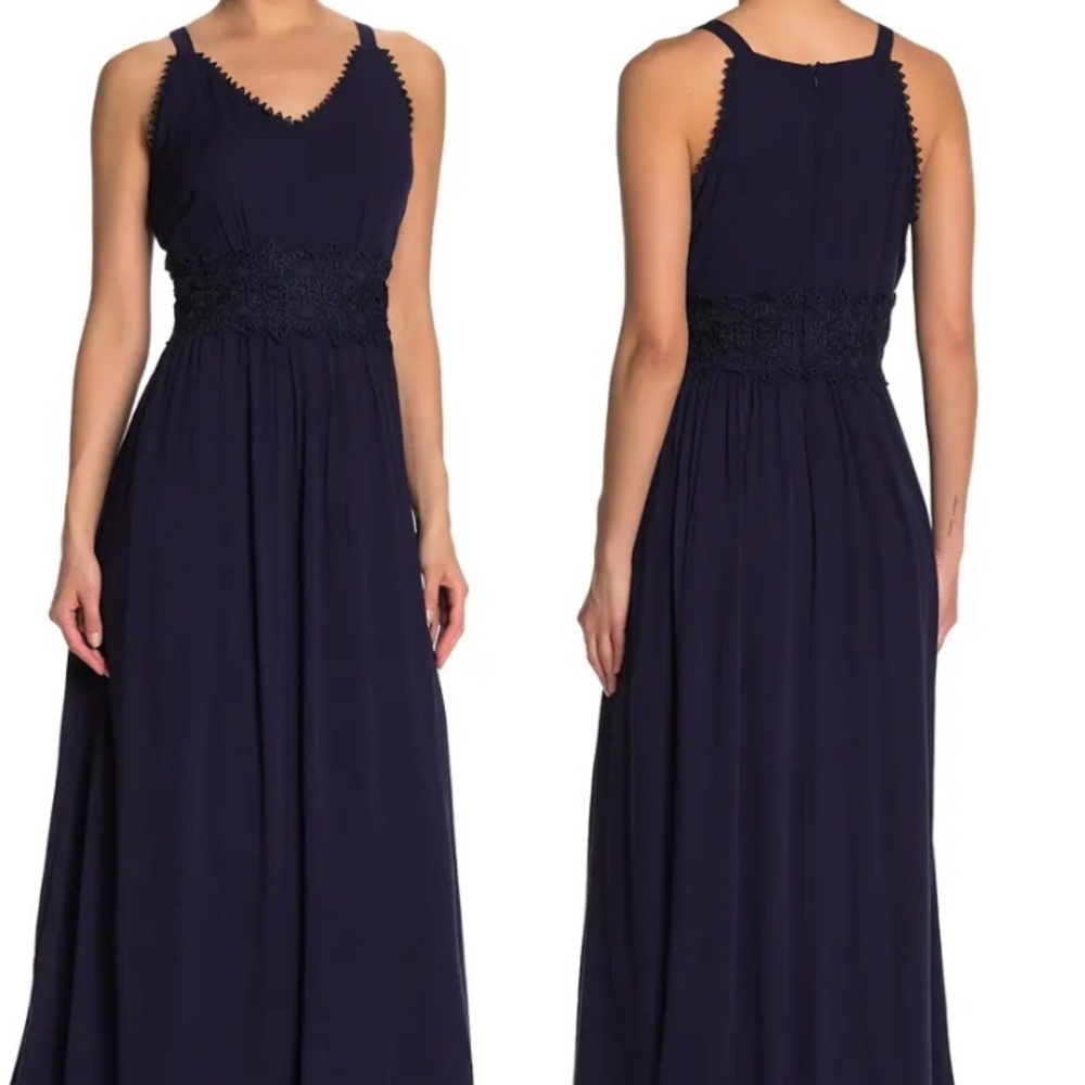 SLEEVELESS LACE TRIM V-NECK EMPIRE WAIST MAXI DRESS